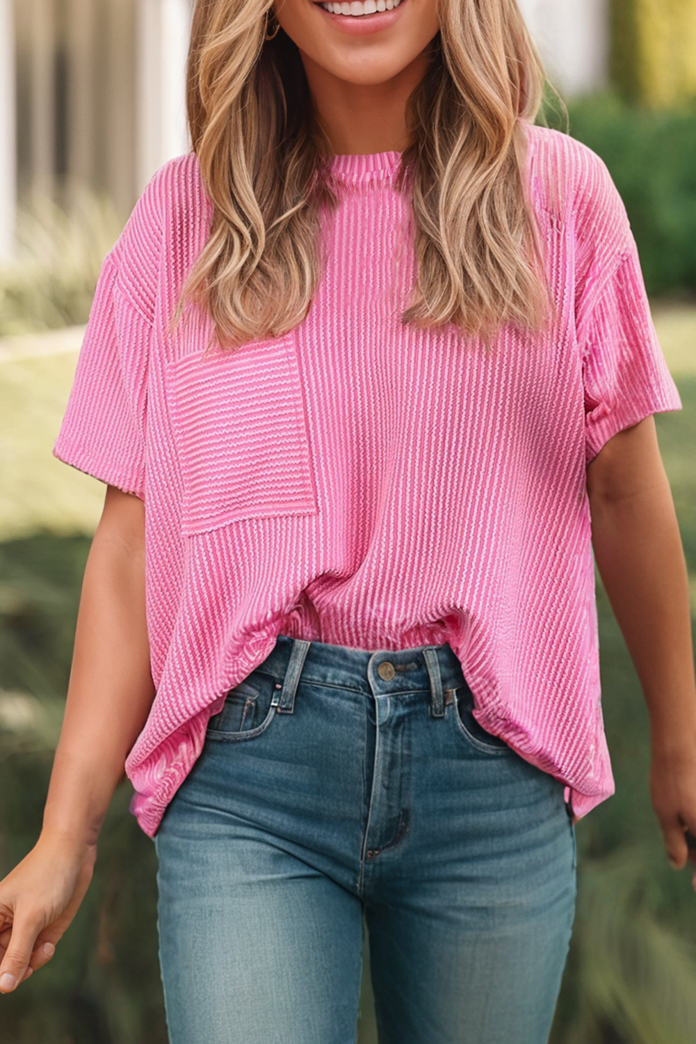 Ribbed Knit Loose Fit Pocket T Shirt