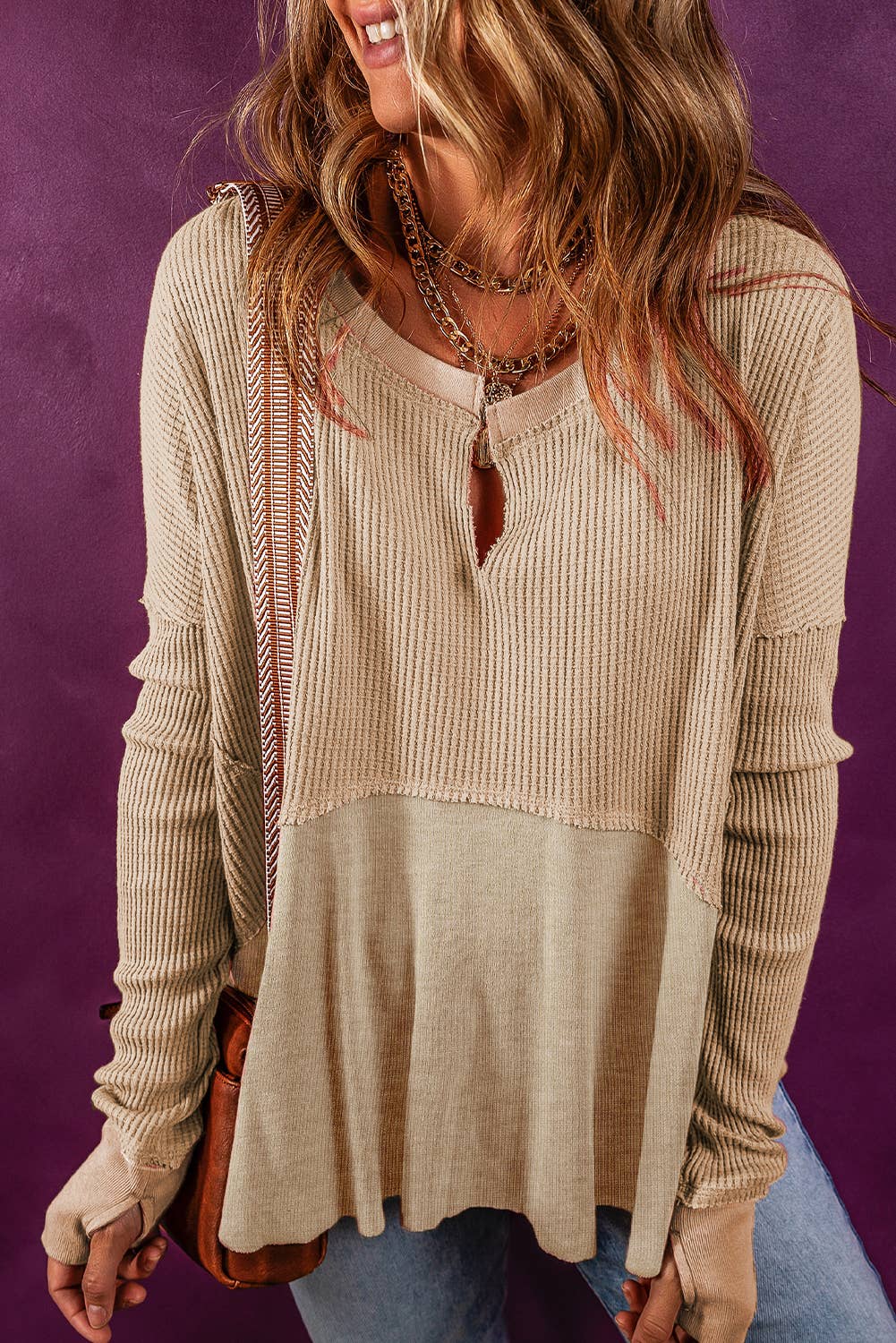 Beige Exposed Seam Slit Neck Waffle Knit Patchwork Top