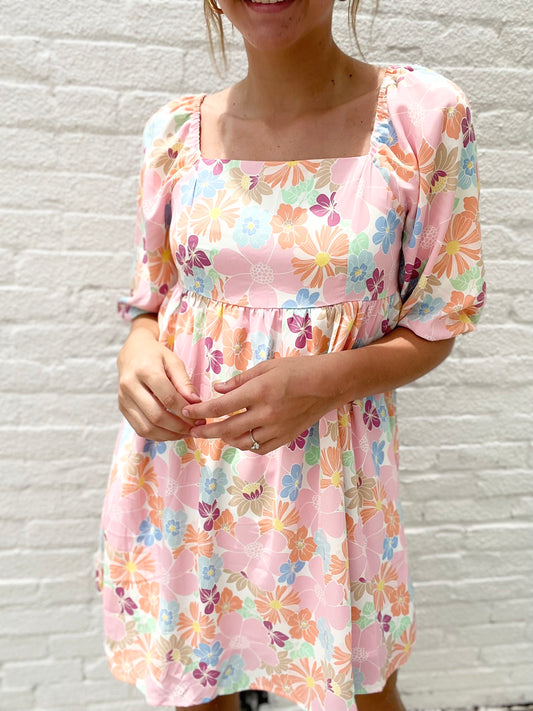 Pink Summer Floral Square Neck Puff Sleeve Babydoll Dress