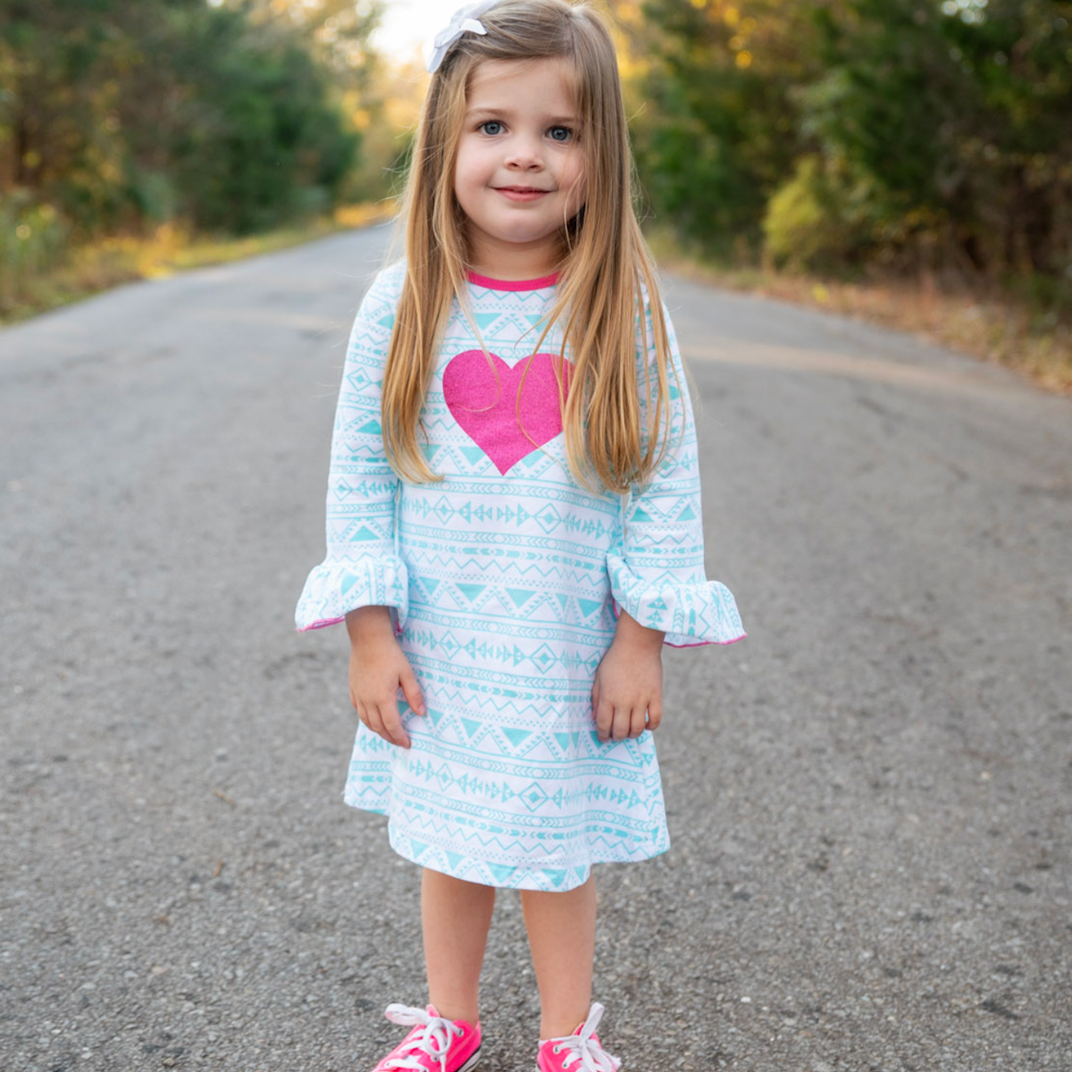 Blue w/Pink Heart Cotton Flowy Dress