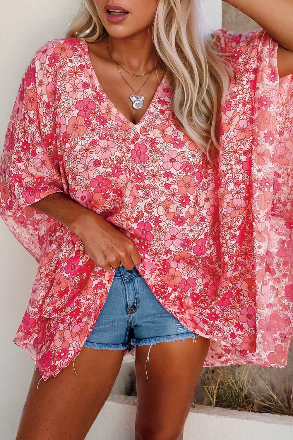 Pink Boho Floral VNeck Kimono Style Blouse