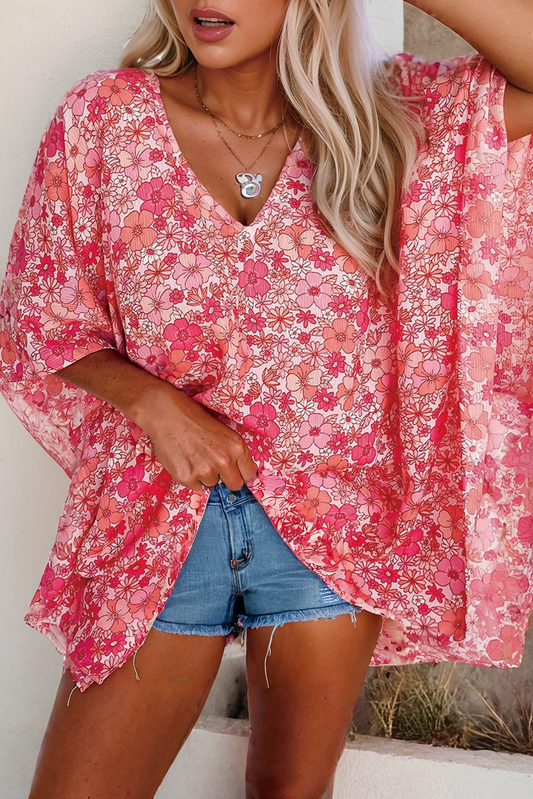Pink Boho Floral VNeck Kimono Style Blouse