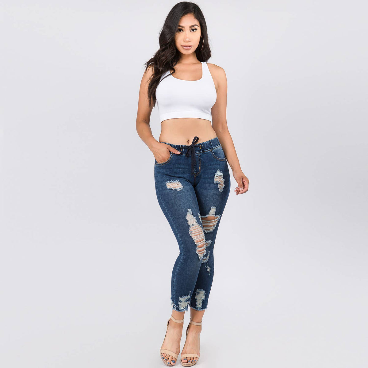 Plus Size Denim Joggers w/Drawstring-RJJ2819P