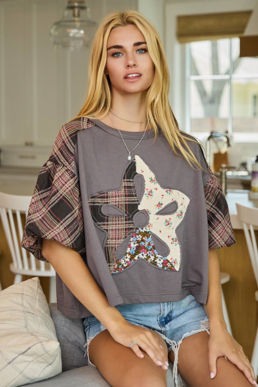 Charcoal Print Mixed Fabric French Terry Top