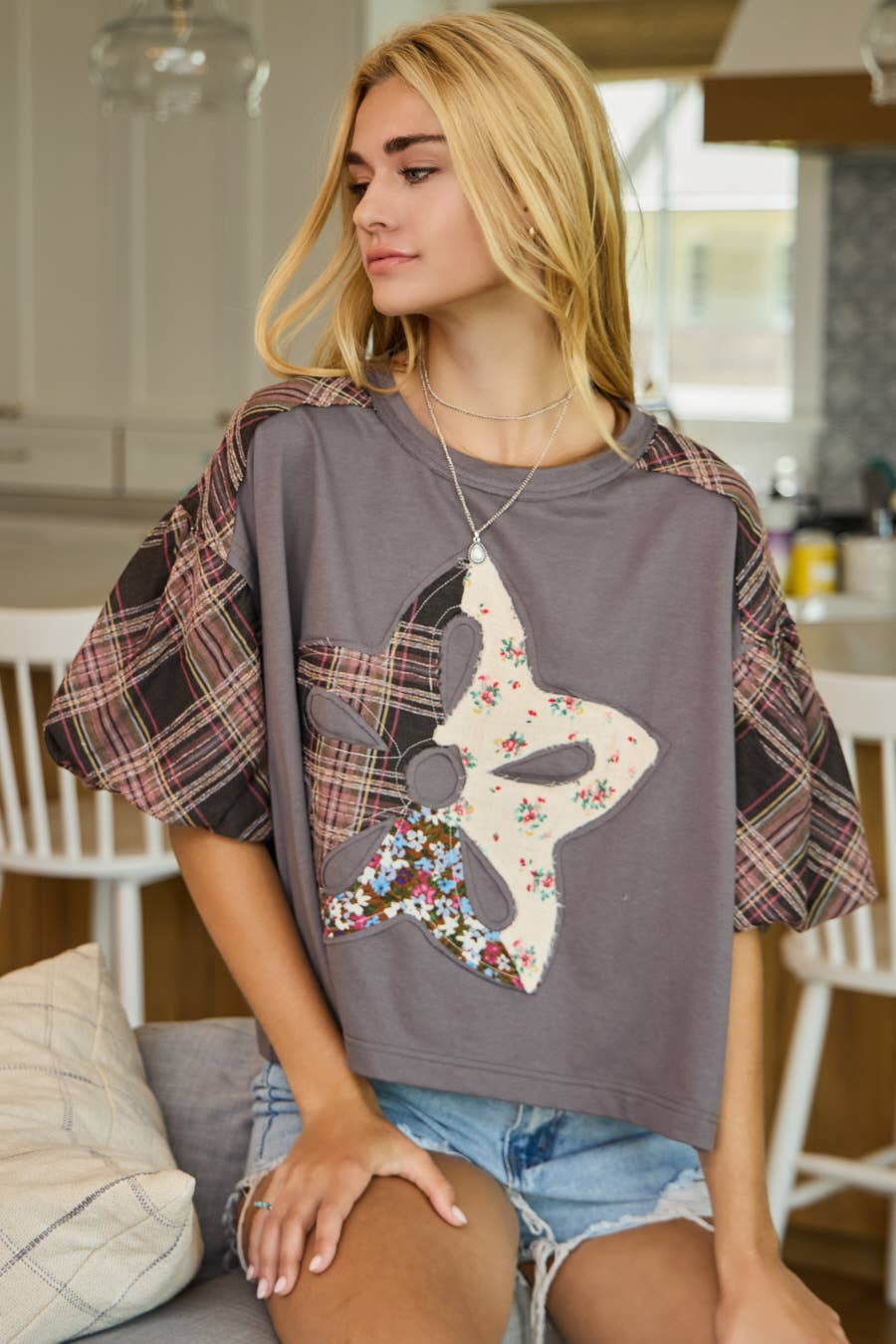 Charcoal Print Mixed Fabric French Terry Top