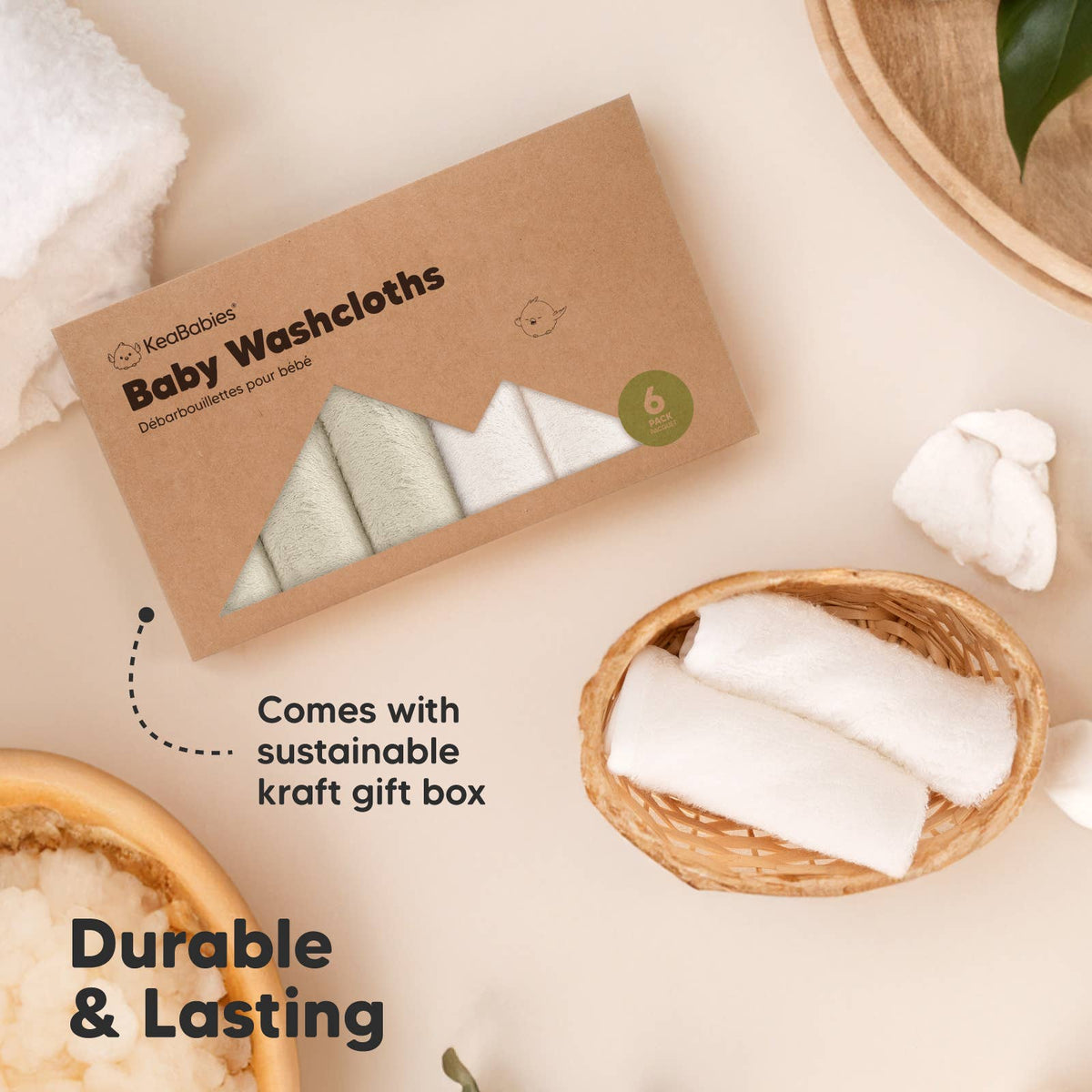White/Stone - 6-Pack Baby Wash Cloths