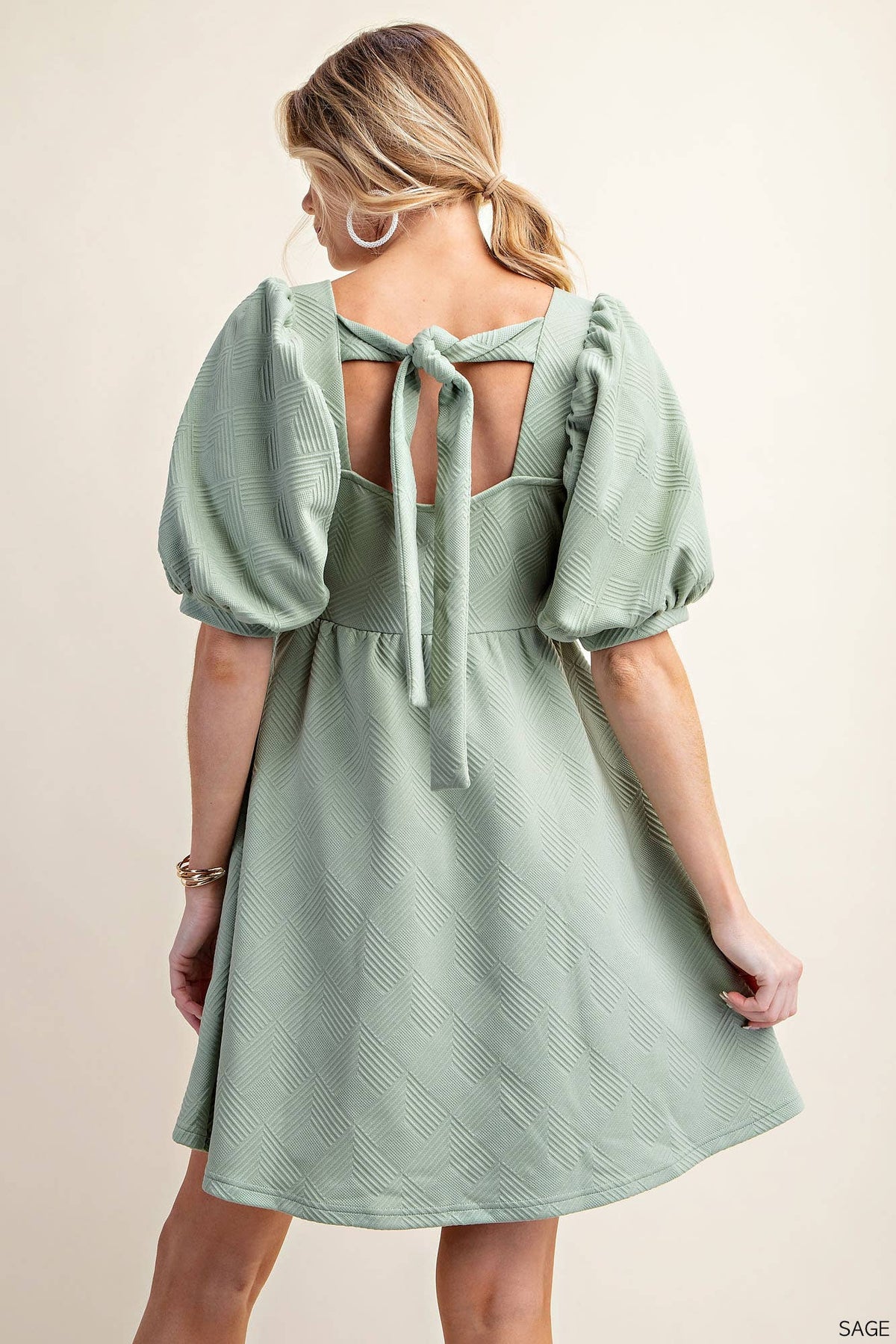 Soft Jacquard Fabric Puff Sleeve Square Neck Lined  Pocket Dress