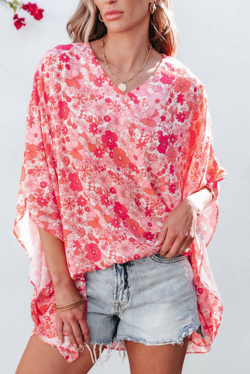 Pink Boho Floral VNeck Kimono Style Blouse