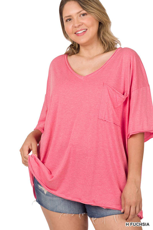 Heather Fuchsia Plus Tri-Blend Oversized Front Pocket Boyfriend Tee