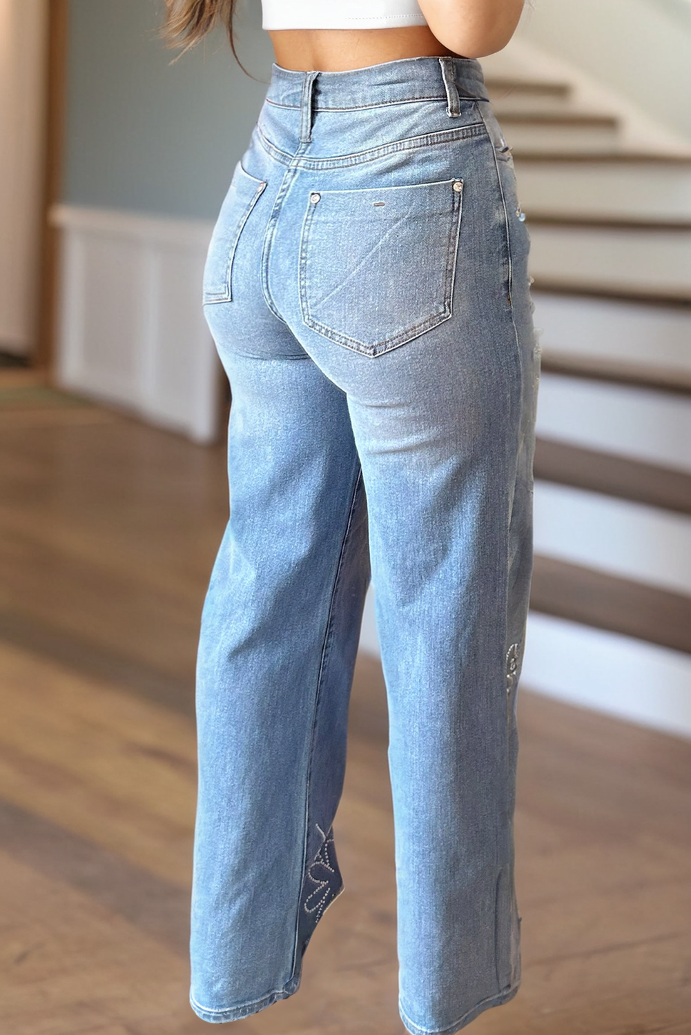 Womens Floral Rhinestone Trim Wide Leg Jeans | 6-16