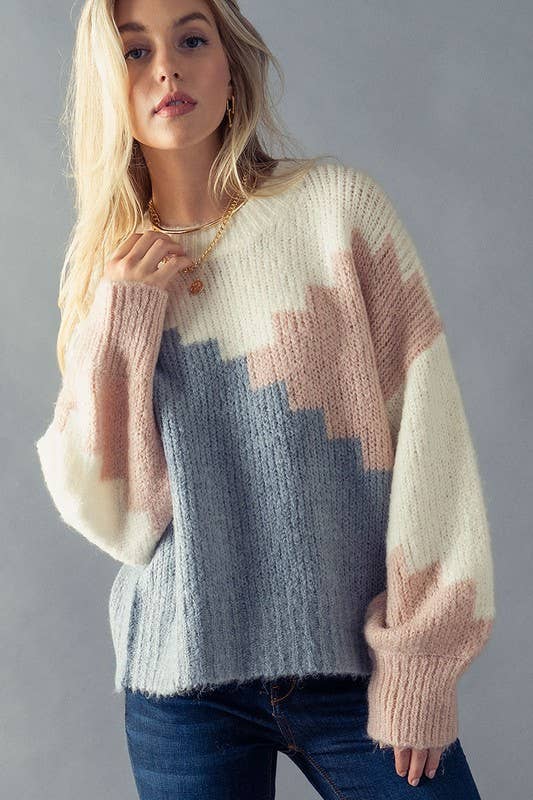 ***SALE*** Colorblock Stair Pattern Bishop Sleeve Sweater