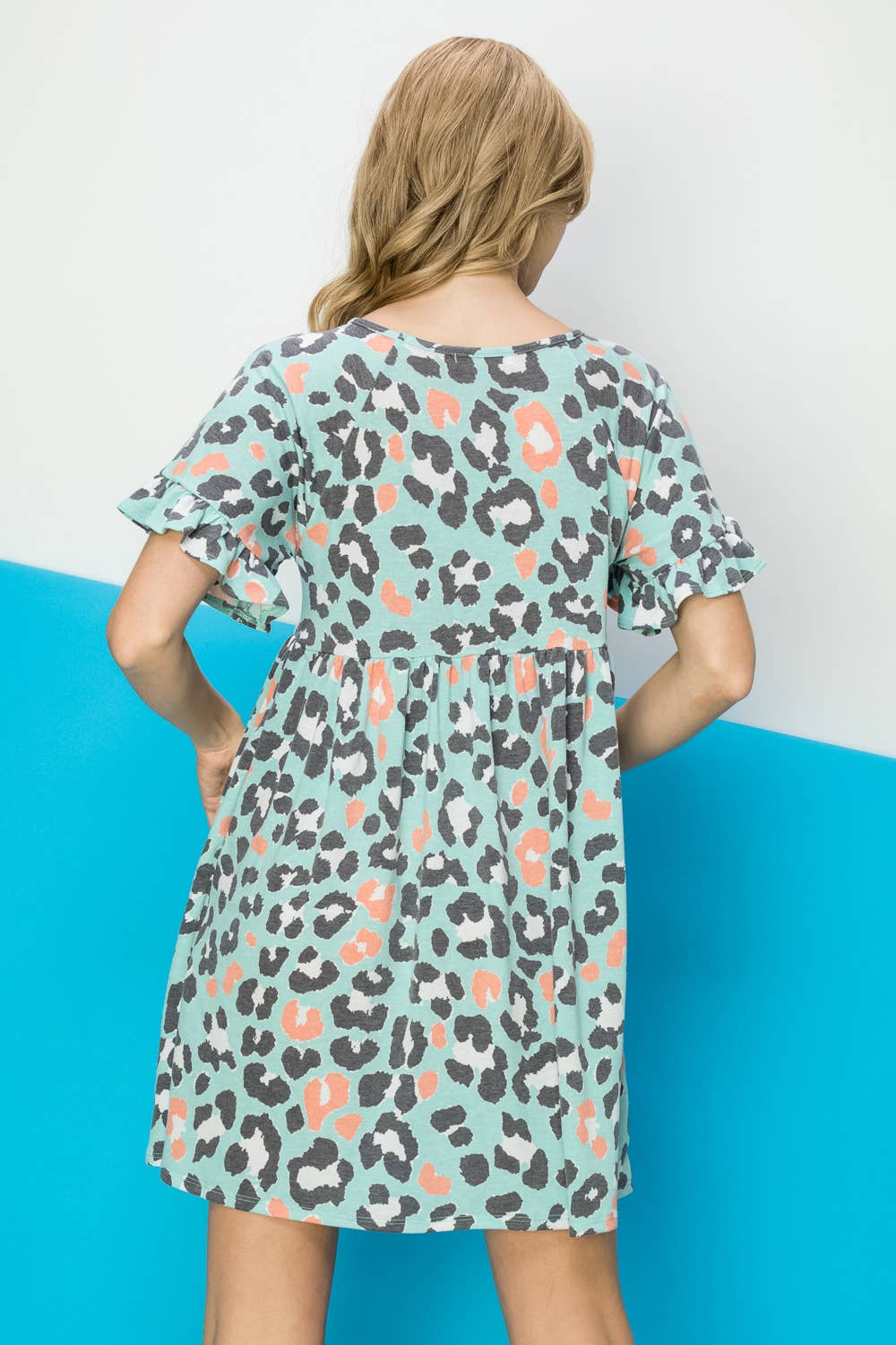 Mint Leopard Print V-Neck Babydoll Dress