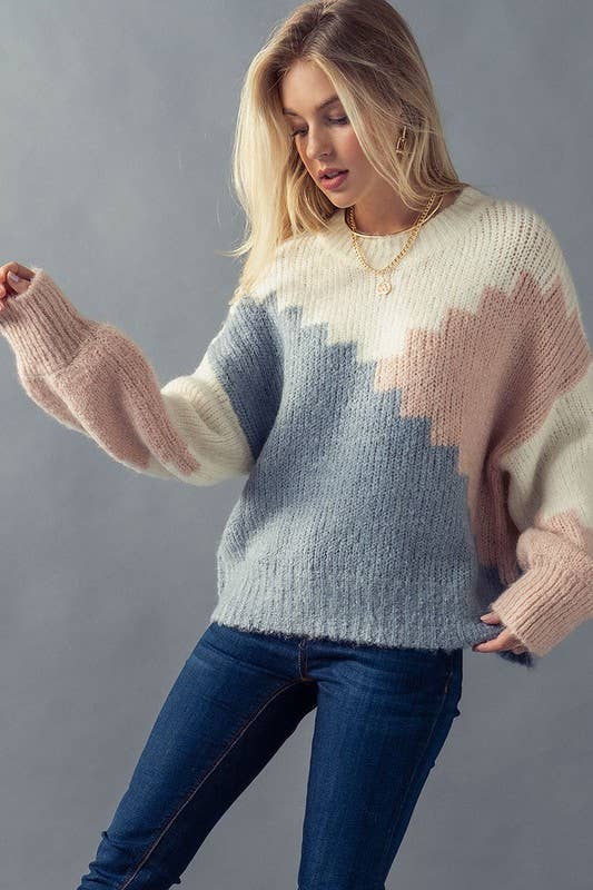 ***SALE*** Colorblock Stair Pattern Bishop Sleeve Sweater