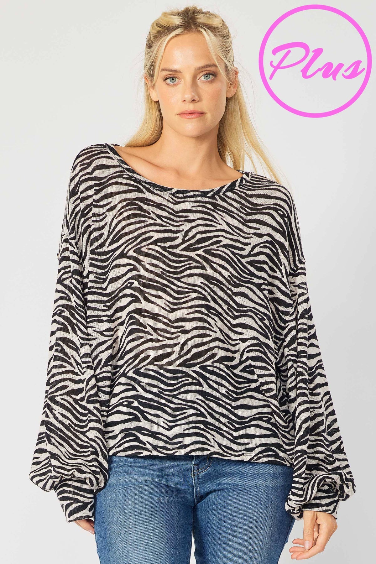 Zebra Printed Gauze Knit Puff Sleeves Dolman Plus Top