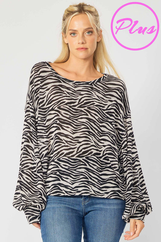 Zebra Printed Gauze Knit Puff Sleeves Dolman Plus Top