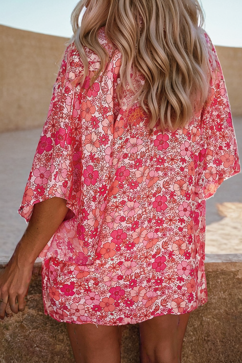 Pink Boho Floral VNeck Kimono Style Blouse