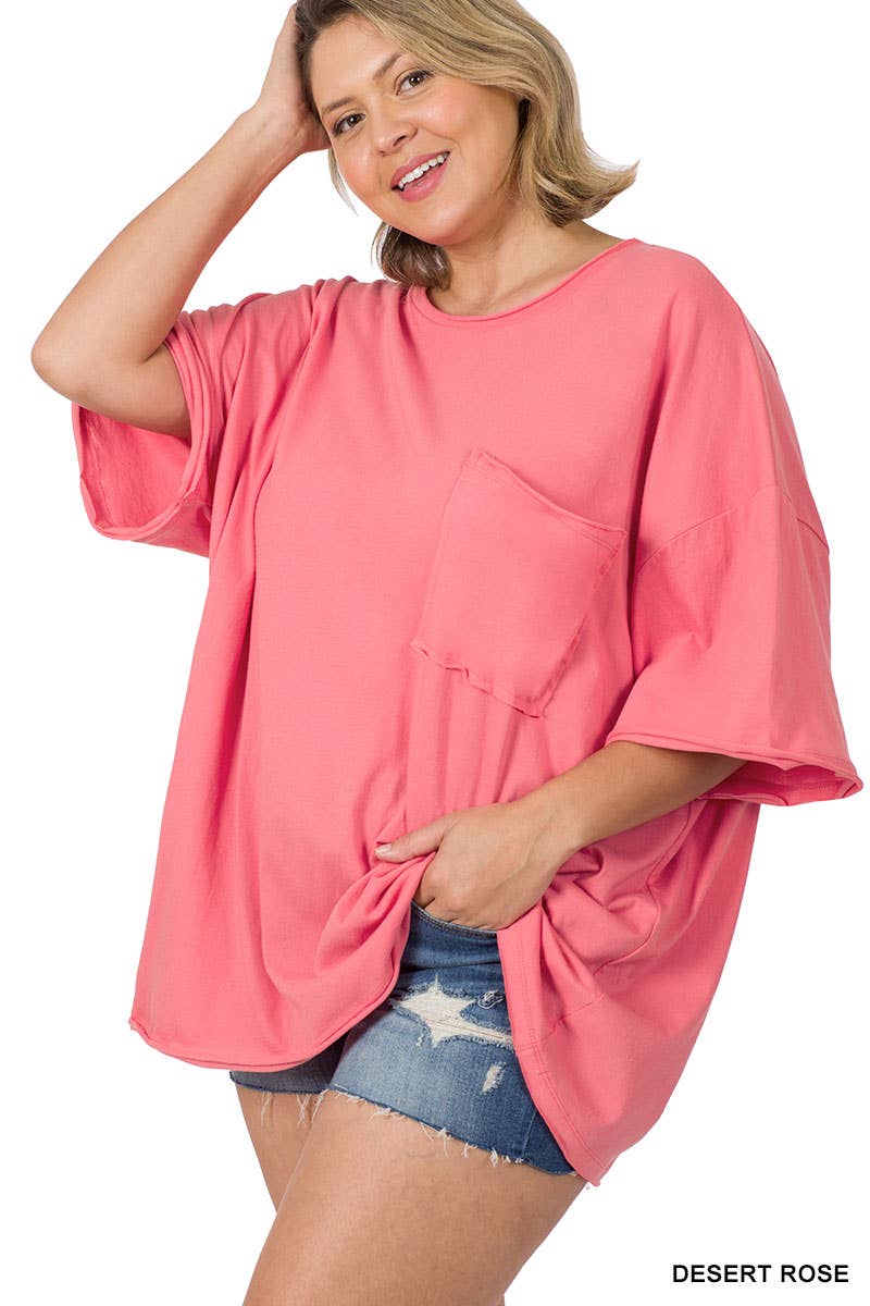Plus Oversized Front Pocket Raw Edge Boyfriend Tee