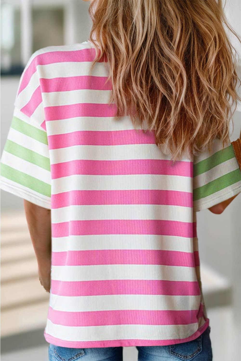 Stripe Print Contrast Pocket Loose Fit Tee