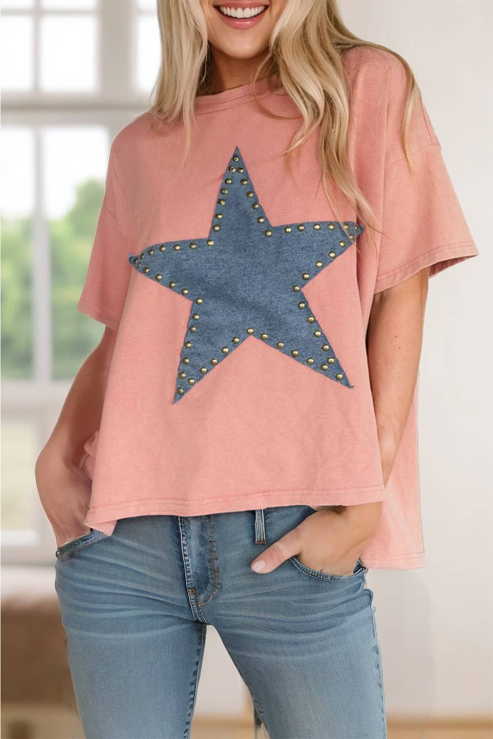 Pink Studded Star Graphic T Shirt